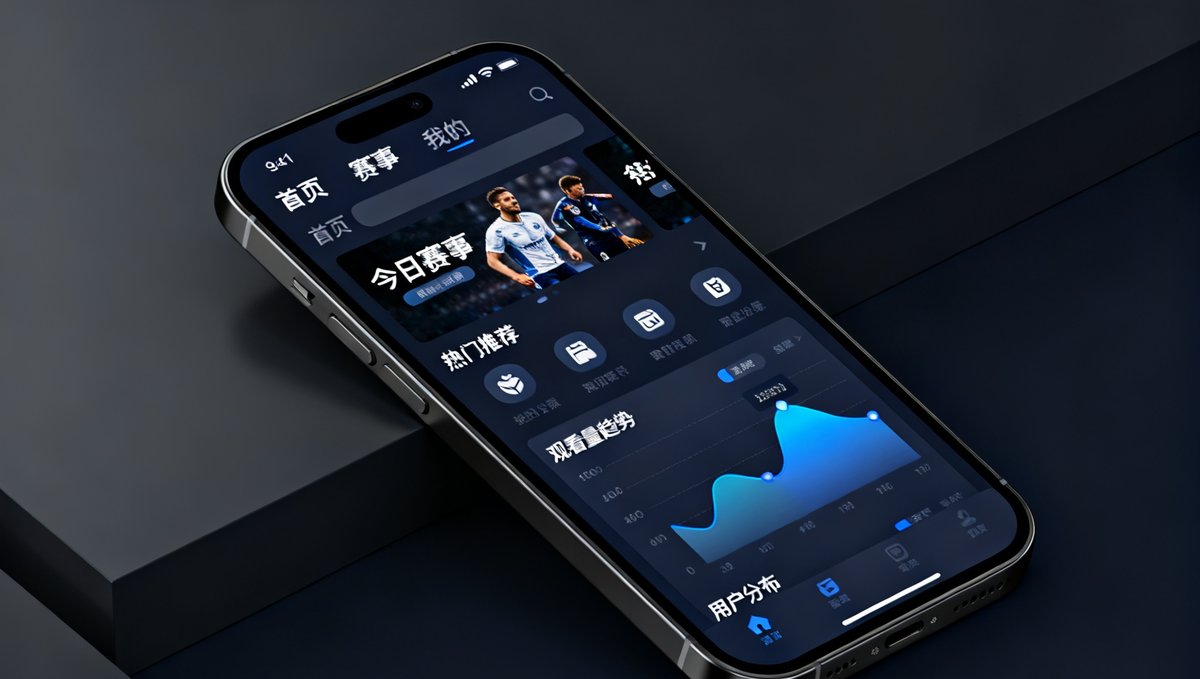 51直播APP新版本4.0界面的手机屏幕截图，展示全新的深色主题设计、重新布局的导航栏和赛事卡片，界面简洁现代，数据可视化图表清晰美观