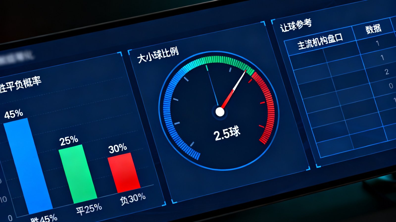 AI数据预测面板界面，左侧为胜平负概率三色柱状图分别显示45%25%30%，中间为大小球概率仪表盘指向2.5球分界线，右侧为让球参考数据表格列出主流机构盘口